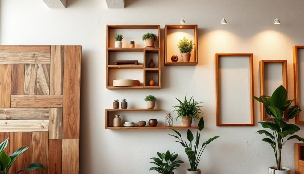 A cozy, well-lit interior showcasing a variety of contemporary wooden frame wall designs. The foreground features a rustic, distressed wooden panel with a geometric pattern, complemented by a mix of natural textures and warm lighting. In the middle ground, a collection of floating wooden shelves displays decorative objects and potted plants, creating a harmonious blend of form and function. The background reveals a clean, white-washed wall, accentuating the natural beauty of the wooden elements. The overall scene conveys a sense of relaxed sophistication, perfect for a modern home decor setting.