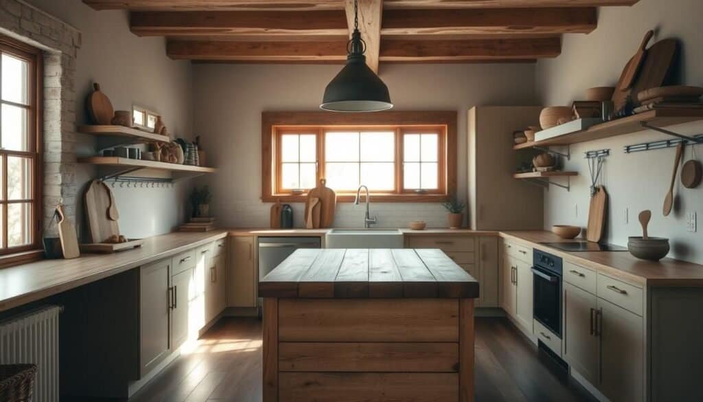 A cozy, well-lit kitchen interior with a rustic, natural aesthetic. The focal point is a wooden island or table, its warm, textured surface complemented by sleek, minimal cabinetry and shelving. Wooden cutting boards, utensils, and a statement pendant light add layers of organic detail. Gentle, natural lighting filters in through large windows, casting a soft, inviting glow. The overall mood is one of simplicity, comfort, and a harmonious blend of form and function.