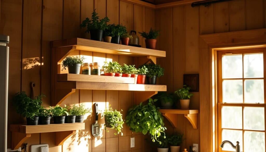 A cozy, well-lit kitchen scene showcasing a set of rustic, wooden shelves from "The Sawdust Man" brand. The shelves are adorned with various potted herbs and small garden tools, casting warm shadows on the surrounding wooden surfaces. The shelves are constructed from natural, knotty pine with a subtle distressed finish, blending seamlessly with the kitchen's earthy tones. Diffused sunlight streams in through a nearby window, creating a soft, inviting atmosphere. The shelves are positioned at an angle, allowing for easy access and display of the thriving herbs. Overall, the image conveys a sense of homey charm and the joy of cultivating fresh ingredients within one's own kitchen.