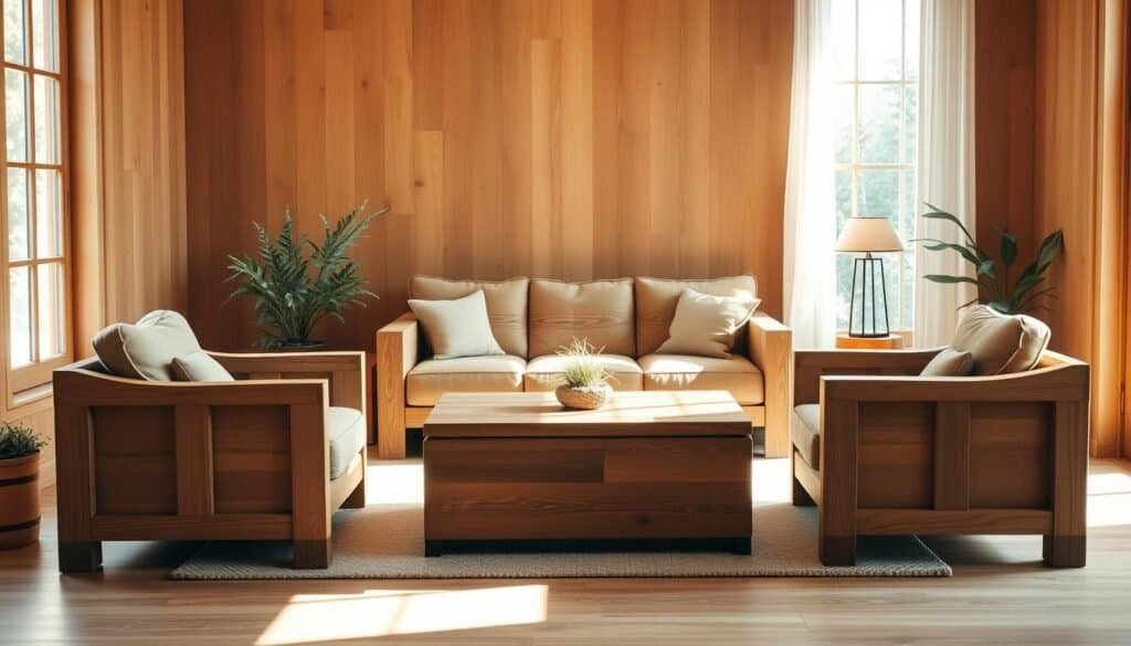 A cozy, well-lit living room set against a warm, natural backdrop. A pair of plush, inviting armchairs crafted from rich, honey-toned wood sit adjacent to a sturdy, rectangular coffee table with subtle grain patterns. In the center, a generously sized sofa in a complementary wood tone, its soft, cushioned surface beckoning for relaxation. Sunlight filters in through large windows, casting a gentle glow and highlighting the organic textures of the wooden furniture. Subtle plants and natural accents add to the serene, earthy ambiance, creating a soothing, harmonious space that speaks to the beauty and tranquility of wooden living room elements.