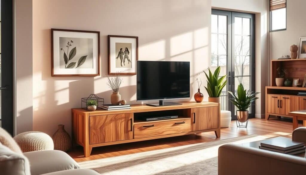 A cozy, well-lit living room with a beautifully crafted TV stand made of warm, rustic wood. The stand features clean, minimalist lines and a mix of open shelves and closed cabinets, offering ample storage and display space. Sunlight streams in through large windows, casting a soft, golden glow over the wooden surfaces. Decorative elements like potted plants, framed artwork, and subtle lighting accents lend a sense of warmth and sophistication to the scene. The TV stand seamlessly blends function and style, complementing the room's overall aesthetic of natural, earthy tones and textures.