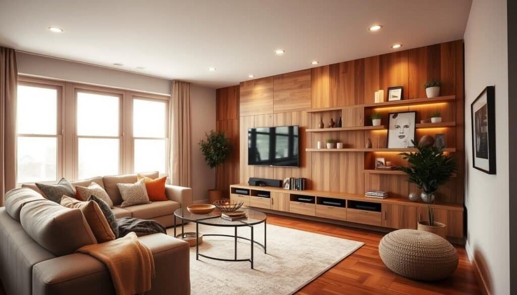 A cozy, well-lit living room with a focal point TV wall. The wall features a sleek, modern mounted television surrounded by natural wood shelving, displaying decorative accent pieces like candles, plants, and framed artwork. Soft ambient lighting from recessed ceiling fixtures and a plush, neutral-toned sectional sofa create an inviting, warm atmosphere. The room is bathed in natural light from large windows, casting a gentle glow throughout the space. Hardwood floors, a textured area rug, and subtle pops of color in throw pillows and textiles complete the harmonious, harmonious design.