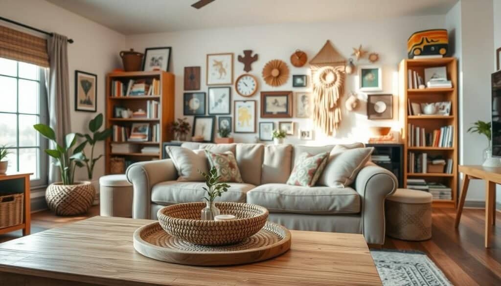 A cozy, well-lit living room with a rustic, handcrafted aesthetic. In the foreground, a wooden coffee table displays an array of DIY decor pieces - a woven basket, a wooden tray, and a small potted plant. Across the room, a plush, neutral-toned couch is adorned with colorful throw pillows. On the back wall, a large window floods the space with natural light, illuminating a gallery wall of framed artwork and DIY wall hangings. Bookshelves flank the window, filled with an eclectic mix of decorative accents and personal items. The overall atmosphere is cozy, warm, and inviting, reflecting a space that has been thoughtfully and creatively updated with DIY projects.