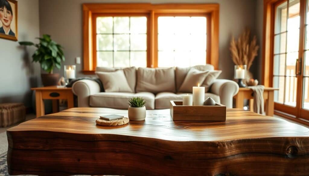 A cozy, well-lit living room with a rustic, natural feel. In the foreground, a handcrafted wooden coffee table with a warm, earthy grain. Atop it, a collection of personal objects: a small potted plant, a set of artisanal coasters, and a decorative wooden tray. In the middle ground, a plush, neutral-toned sofa flanked by wooden end tables, each adorned with a single, elegant candle. The background features a large, wooden-framed window that floods the space with soft, natural light, casting a gentle glow across the room's natural textures and materials.