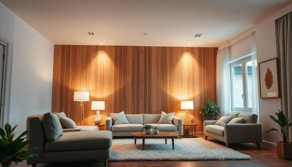 A cozy, well-lit living room with a warm, inviting atmosphere. The focal point is a beautifully crafted wooden accent wall, its natural grain and texture radiating an energy-boosting ambiance. Strategically placed lighting, including soft floor lamps and recessed ceiling fixtures, create a harmonious blend of illumination that enhances the room's tranquil vibe. The wooden wall seamlessly blends with the neutral color palette, complementing the plush area rug and minimalist furnishings. A sense of balance and rejuvenation permeates the space, inviting the viewer to experience the calming, restorative power of thoughtful home decor.