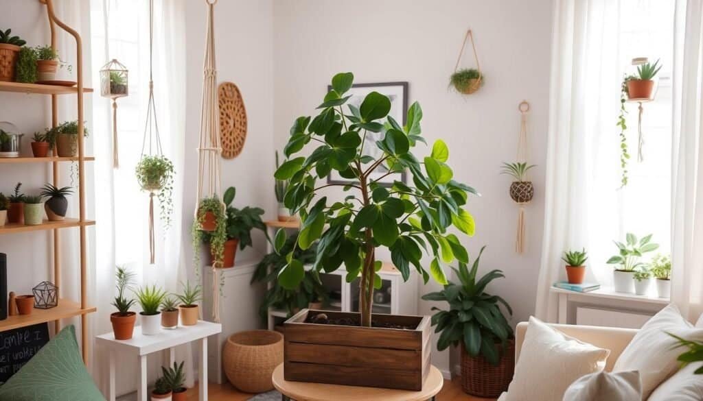 A cozy, well-lit living room with an assortment of handmade plant holders, terrariums, and small potted greenery adorning shelves, tables, and windowsills. Decorative macrame hangers suspend trailing vines, while a central focus piece showcases a large fiddle-leaf fig tree in a rustic wooden planter. Soft, natural lighting filters through sheer curtains, casting a warm glow and highlighting the textures of the natural elements. The overall atmosphere is one of calm, organic beauty and personal expression.
