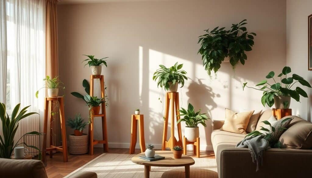 A cozy, well-lit living room with natural wood plant stands showcasing lush, thriving foliage. Warm, diffused lighting filters through sheer curtains, casting a soft glow on the muted earth-toned palette. Rustic wooden plant stands of varying heights are strategically placed, creating a harmonious and inviting arrangement. Trailing vines and full-bodied houseplants add pops of verdant green, complementing the organic wooden tones. The overall atmosphere evokes a sense of tranquility and a seamless integration of the natural and the domestic.