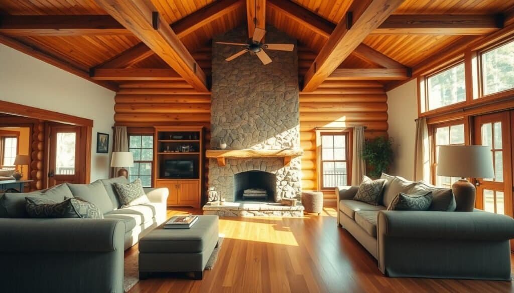 A cozy, well-lit living room with warm, inviting wooden textures throughout. Smooth, honey-hued hardwood floors with natural grain patterns reflecting the soft, ambient lighting. Rustic wooden beams and exposed ceiling joists add depth and character to the space. A central fireplace mantel made of richly textured, aged wood takes center stage, surrounded by natural stone. Plush, earthy-toned furnishings and decor elements seamlessly blend with the wooden accents, creating a grounded, harmonious atmosphere.