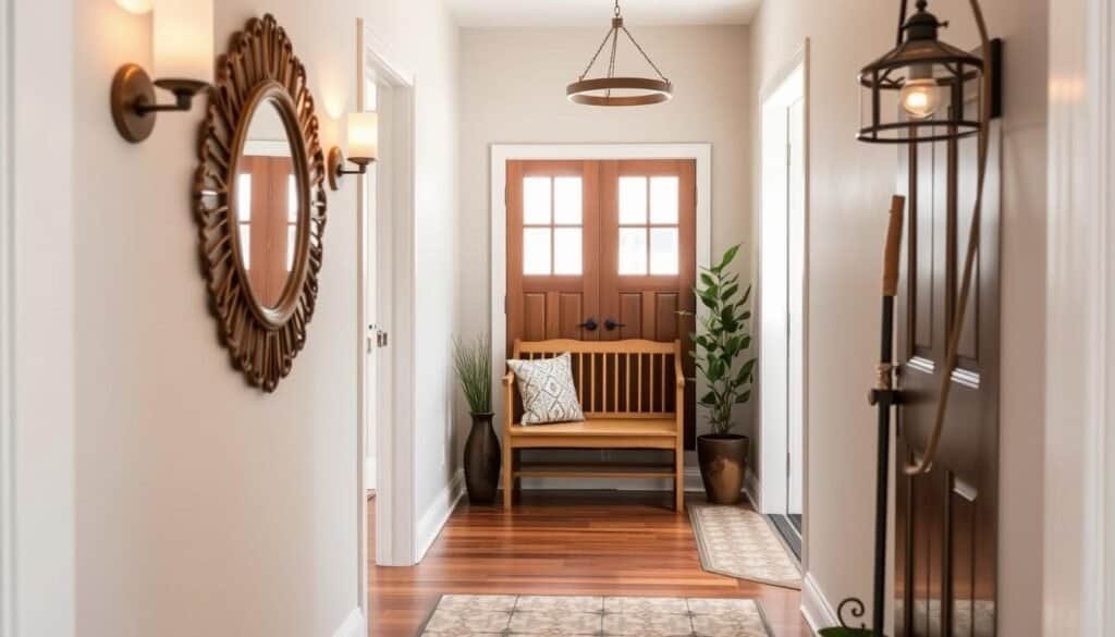A cozy, well-lit narrow entryway with a warm, inviting atmosphere. A decorative wooden bench nestled against the wall, accented by a stunning ornamental mirror. Potted plants and a stylish umbrella stand add natural touches. Soft, diffused lighting from sconces and a rustic pendant fixture create a welcoming ambiance. The entryway flooring is a mix of rich hardwood and patterned tile, leading the eye towards an open, sunlit space beyond. The walls feature a soothing, neutral color palette, allowing the decorative elements to take center stage. An air of refined simplicity pervades the scene, presenting practical and aesthetically pleasing solutions for a narrow entryway space.