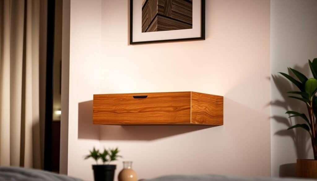 A cozy, well-lit room showcases a floating nightstand crafted from rich, natural wood. The nightstand hovers effortlessly on the wall, its clean lines and minimalist design complementing the surrounding decor. Soft, indirect lighting illuminates the surface, highlighting the wood's beautiful grains and texture. In the foreground, a few carefully selected decorative accents, such as a potted plant and a small vase, add a touch of personality. The background is subtly blurred, allowing the floating nightstand to take center stage as the focal point of the scene, showcasing its functional and aesthetic appeal.