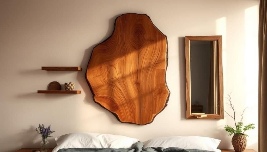 A cozy, well-lit room showcases a rustic, wall-mounted wood decor piece. The focal point is a beautifully crafted, natural wood panel with intricate grains and a warm, earthy tone. The panel is artfully arranged with complementary wood accents, such as floating shelves or a wooden mirror frame, creating a harmonious, nature-inspired display. Soft, diffused lighting casts a gentle glow, accentuating the organic textures and imbuing the space with a sense of tranquility and comfort. The overall composition evokes a serene, inviting ambiance that would instantly lend a touch of natural warmth to any cold bedroom.