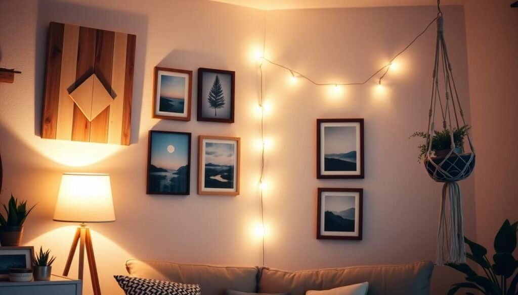 A cozy, well-lit room with a rustic, homey feel. The walls feature a variety of budget-friendly DIY wall decor ideas, including a natural wood plaque with a simple geometric design, a collection of framed nature prints, and a hanging macrame plant holder. Soft, warm lighting from a table lamp and string lights casts a gentle glow, creating a serene and inviting atmosphere. The room is decorated with natural materials and neutral tones, emphasizing the handmade, crafted aesthetic of the displayed wall art. The overall scene conveys a sense of relaxation, creativity, and a touch of bohemian charm.