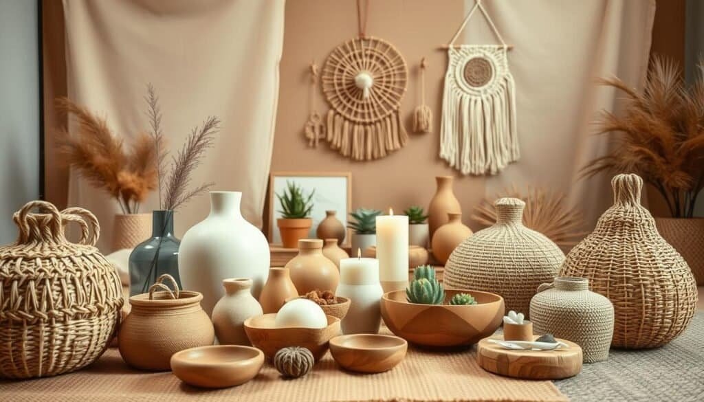 A cozy, well-lit studio setting showcasing a collection of unique, handcrafted home accessories. In the foreground, an assortment of natural, organic textures like woven baskets, ceramic vases, and wooden trinket dishes. In the middle ground, a mix of minimalist décor pieces such as candles, small potted plants, and artisanal wall hangings. The background features warm, earthy tones and soft, diffused lighting, creating a serene, inviting atmosphere. The overall composition emphasizes the beauty and craftsmanship of these carefully curated, decorative elements, which can be easily incorporated into any living space to add a touch of personalized style.