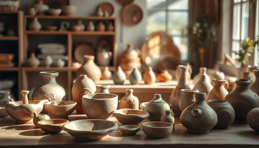 A cozy, well-lit studio space featuring an assortment of handcrafted clay creations in soft, earthy tones. In the foreground, a collection of whimsical, organic-shaped trinket dishes, vases, and decorative figurines are arranged with care, inviting the viewer to pick them up and examine their tactile, handmade quality. Warm, natural lighting casts gentle shadows, highlighting the rich textures and subtle imperfections that give each piece its unique character. In the middle ground, a handful of simple, calming clay sculptures in muted shades of green, blue, and brown sit atop a wooden surface, their serene, minimalist forms radiating a sense of tranquility. The background is softly blurred, allowing the focus to remain on the intimate, soothing atmosphere of the creative workspace.