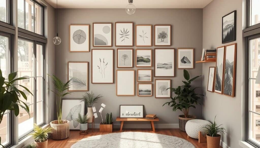A cozy, well-lit studio space filled with a variety of framed wall art pieces arranged in a curated, minimalist collage. The artwork includes abstract geometric shapes, botanical line drawings, and monochrome landscape photographs, all in a harmonious color palette of warm neutrals and muted earth tones. The walls are a soft, muted gray, and the natural light from large windows casts a gentle glow across the space. Potted plants, wooden shelves, and a plush area rug add organic textures and natural elements to the serene, inviting atmosphere.