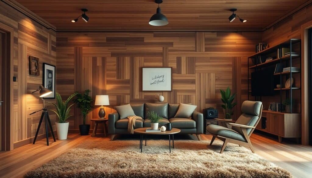 A cozy, well-lit wood-paneled interior with a mix of modern and rustic design elements. Warm, natural tones of oak and walnut create a inviting, textural backdrop. Strategically placed task lighting and overhead fixtures cast a soft, ambient glow. In the foreground, a plush, earthy-toned area rug grounds the space. Midground showcases a mix of contemporary furniture pieces - a sleek leather sofa, mid-century inspired armchair, and a minimalist coffee table. Potted greenery and wood accents add organic touches. The background features wooden shelving displaying decorative items, artwork, and personal mementos. Realistic, high-resolution, 4k, photographic quality.