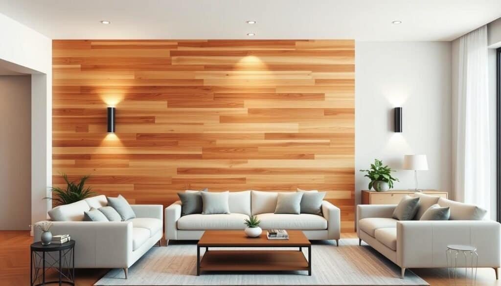 A cozy, well-lit wooden accent wall takes center stage in a spacious, modern living room. The warm, natural tones of the wood planks create a serene, inviting atmosphere, complemented by clean, minimalist furnishings. Soft, diffused lighting from discreet wall sconces casts a gentle glow, highlighting the intricate wood grain and texture. The accent wall seamlessly blends with the neutral-toned walls, establishing a harmonious, cohesive design. The overall composition exudes a sense of simple sophistication, showcasing the transformative power of a thoughtfully-placed wood accent wall.