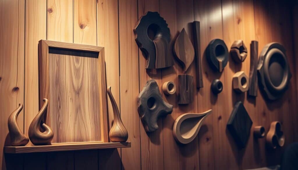 A cozy, well-lit wooden wall display featuring an assortment of natural, hand-crafted pieces. In the foreground, a rustic, rectangular framed piece showcases a beautifully grained wood, its surface enhanced by a subtle stain. Flanking it, two smaller, uniquely shaped wooden sculptures with organic, flowing lines. In the middle ground, a collection of wooden wall hangings in varying sizes and tones, arranged in a visually striking, asymmetrical layout. The background features a warm, textured wooden wall, its grain and knots adding depth and character. Gentle side lighting casts soft shadows, accentuating the natural beauty and artisanal quality of the pieces. The overall mood is one of simplicity, craftsmanship, and a touch of modern elegance.