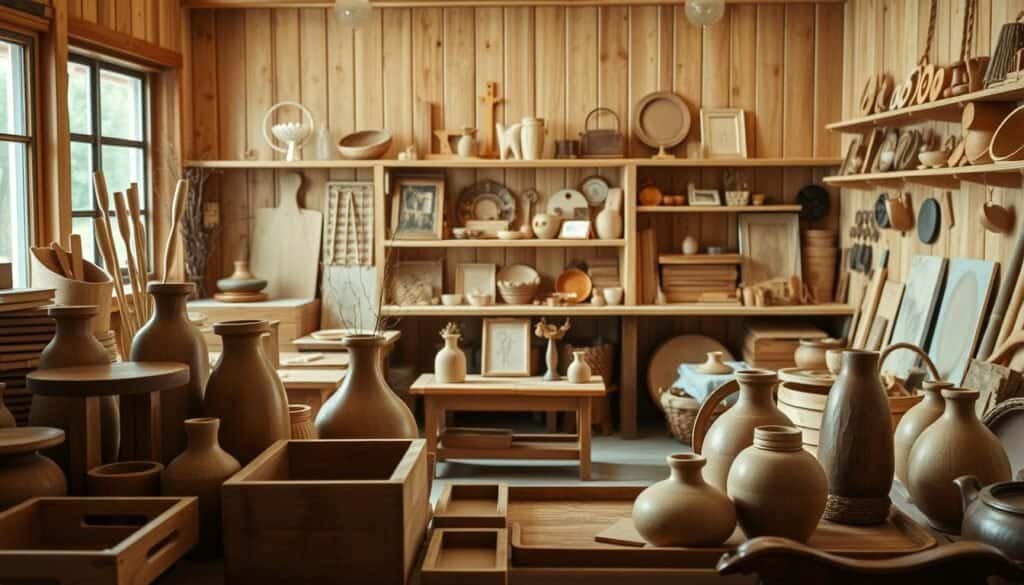 A cozy, well-lit wooden workshop filled with simple yet elegant handcrafted decor pieces. In the foreground, a collection of rustic wooden boxes, vases, and trays, their natural grain and warm tones creating a inviting ambiance. In the middle ground, a small wooden bench showcases a delicate wooden candle holder and a simple wooden wall hanging. The background features a neatly organized shelving unit displaying an assortment of wooden trinkets, frames, and other charming home accents. Subtle shadows and soft, diffused lighting contribute to the serene, artisanal atmosphere.