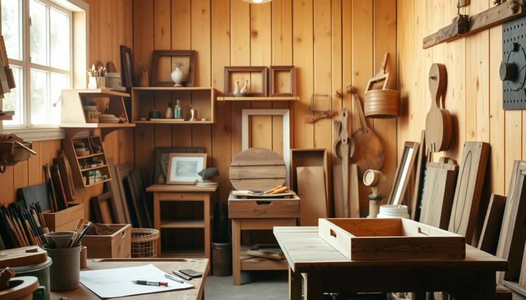 A cozy, well-lit wooden workshop, overflowing with DIY project inspiration. Warm-toned light floods the space, casting a soft glow on an array of hand-crafted wooden objects - shelves, picture frames, a rustic side table, and a half-finished wooden box waiting to be completed. Detailed textures of the wood grain, knots, and carved details are visible. Assorted tools, paintbrushes, and a sketchpad sit nearby, hinting at the creative process. The atmosphere is one of tranquil focus and the joy of making by hand. A perfect setting to spark imagination for a unique, homemade wooden accent piece.