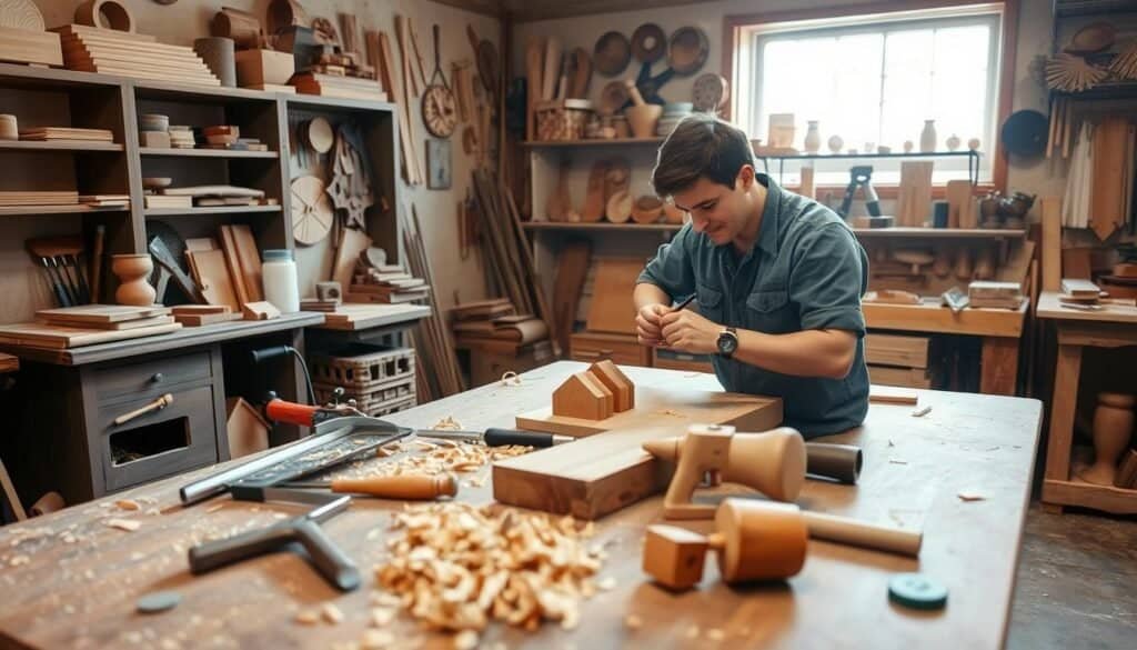 A cozy, well-lit woodworking workshop featuring a beginner craftsperson engaged in creating a small wooden accent piece. In the foreground, a sturdy workbench is cluttered with essential tools: a saw, chisels, and wood shavings. The artisan, wearing modest casual clothing, is focused on shaping the wood, conveying a sense of pride and concentration. In the middle ground, various wood pieces and designs are displayed, highlighting creativity and inspiration. The background reveals shelves filled with finished projects and neatly organized tools, creating a warm, inviting atmosphere. Soft, natural light streams in through a window, casting gentle shadows and enhancing the rich textures of the wood and workspace. The overall mood is one of fulfillment and the joy of hands-on creation.