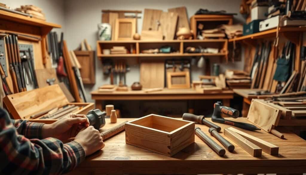 A cozy, well-lit woodworking workshop, showcasing a range of basic tools and materials laid out on a sturdy workbench. In the foreground, a beginner-friendly project takes shape, such as a simple wooden box or a rustic picture frame, with the artisan's hands carefully shaping the wood. The middle ground reveals additional projects in various stages of completion, lending a sense of progress and accomplishment. In the background, shelves lined with neatly organized tools and supplies create an inviting, approachable atmosphere, inspiring the viewer to dive into the world of woodworking.
