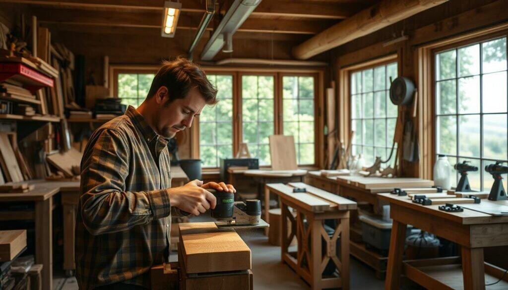 A cozy, well-lit woodworking workshop, the air filled with the scent of freshly sanded wood. In the foreground, a skilled craftsperson diligently shapes a piece of wood using a handheld power tool, their face illuminated by the warm glow of task lighting. Behind them, rows of neatly organized tools, jigs, and workbenches suggest a well-equipped, professional-grade space. Through large windows, a lush, verdant landscape can be seen, hinting at the tranquil, rustic setting. The overall atmosphere exudes a sense of passion, creativity, and the potential to turn a beloved hobby into a thriving small business.