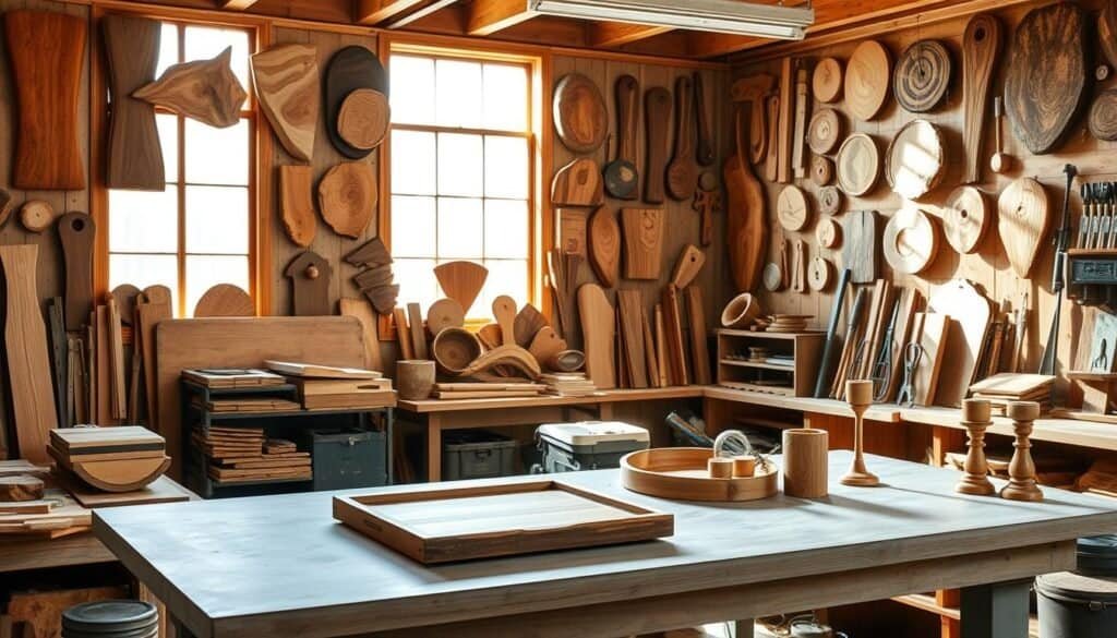 A cozy, well-lit workshop filled with an assortment of rustic, handcrafted wooden accents. A central workbench displays various DIY projects in progress, like a sleek floating shelf, a rustic wooden tray, and a set of modern wooden candleholders. The walls are adorned with an array of wooden wall hangings, each with their own unique grain and texture. Sunlight streams in through large windows, casting a warm glow over the scene. In the background, a variety of woodworking tools and supplies are neatly organized, hinting at the satisfying process of creating these beautiful, functional home accents. The overall atmosphere is one of creativity, craftsmanship, and a cozy, inviting ambiance.