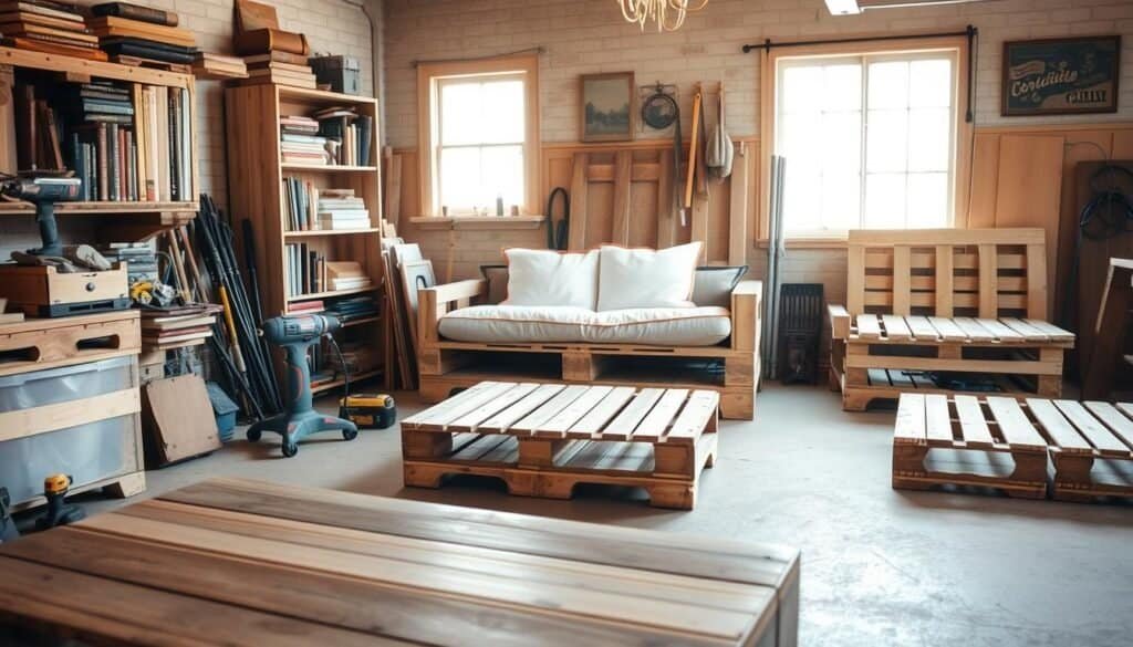 A cozy, well-lit workshop filled with repurposed wooden pallets, an assortment of power tools, and a series of DIY furniture pieces in various stages of completion. In the foreground, a rustic pallet coffee table with a smooth, weathered surface; behind it, a sturdy pallet bookshelf displaying an array of vintage books and decorative items. In the middle ground, a chic pallet-wood bench with plush cushions, positioned beneath a large window that bathes the scene in warm, natural lighting. In the background, a partially assembled pallet daybed takes shape, its simple lines and organic material complementing the overall earthy, handcrafted aesthetic.