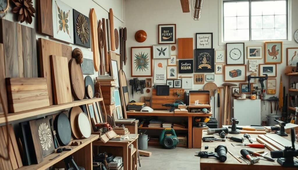 A cozy, well-lit workshop filled with various DIY projects and tools. In the foreground, a wooden shelf displays an assortment of decorative wall hangings, from rustic wood panels to modern abstract art. In the middle ground, a workbench with an organized array of saws, hammers, and other carpentry tools. The background reveals a wall adorned with framed artwork and inspirational wall decor. Soft, natural lighting filters in through large windows, creating a warm, inviting atmosphere. The scene conveys a sense of creativity, productivity, and the satisfaction of hands-on home improvement.