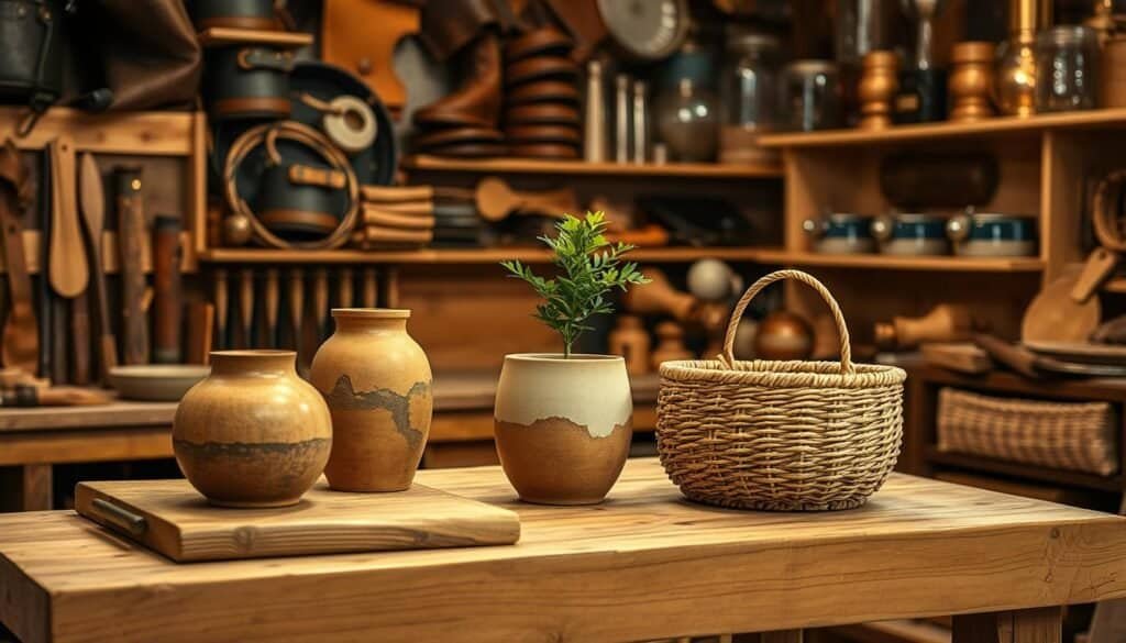 A cozy, well-lit workshop scene with a natural wooden workbench. On the surface, an assortment of handcrafted items from The Sawdust Man - a rustic wooden vase, a ceramic planter, and a woven basket. Warm lighting from above casts a soft glow, highlighting the interplay of textures and tones. In the background, shelves display a variety of complementary materials, such as leather, glass, and metal, creating a harmonious visual balance. The overall mood is one of tranquility and artisanal craftsmanship.
