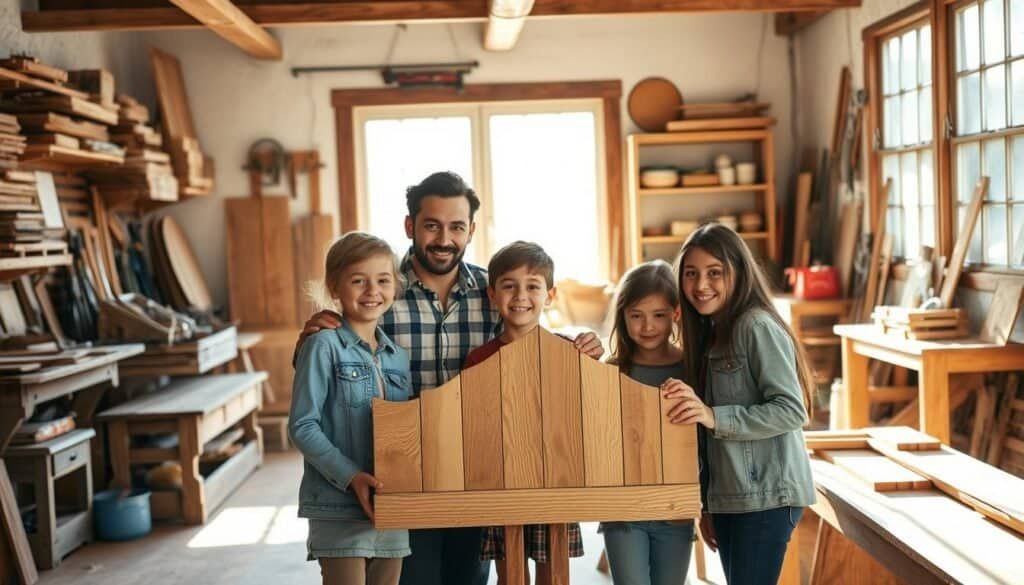 A cozy, well-lit workshop with a collection of rustic wooden furniture plans and DIY project ideas. Sunlight filters through large windows, illuminating the rough-hewn workbenches and shelves brimming with tools and materials. In the foreground, a family gathers around a simple, elegant wooden decor piece they've just finished building together, expressions of pride and wonder on their faces. The scene captures the joy of collaborative craftsmanship and the satisfaction of creating something unique with one's own hands.