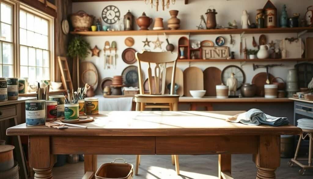 A cozy, well-lit workshop with a vintage wooden table in the foreground, its surface adorned with an array of chalk paint cans, brushes, and rags. In the middle ground, a refurbished wooden chair stands, its once-dull surface now gleaming with a fresh coat of vibrant chalk paint. Sunlight filters in through large windows, casting a warm glow over the scene. The background showcases a wall of shelves housing an eclectic collection of home decor items, hinting at the boundless creative potential of this chalk paint transformation.