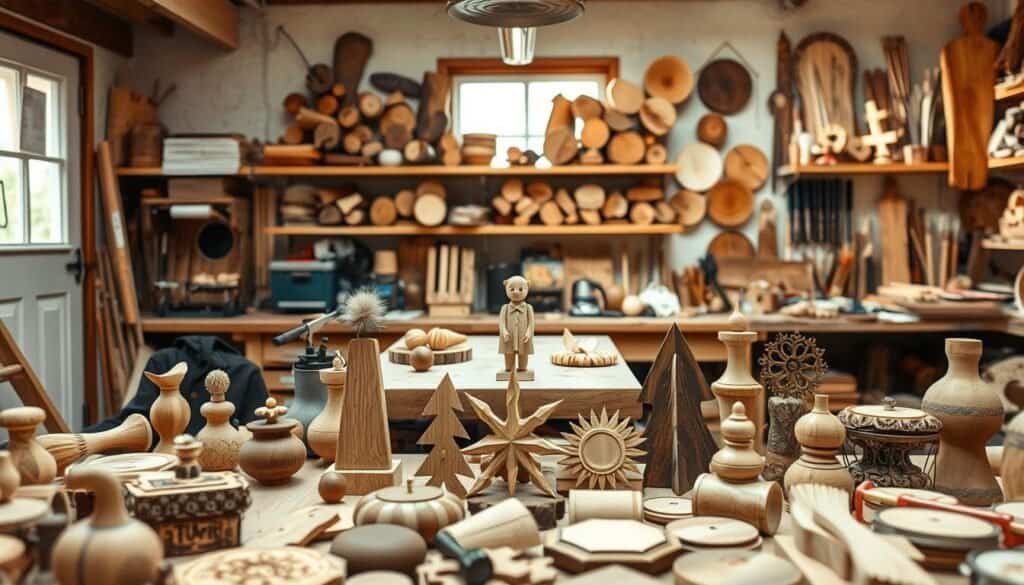 A cozy, well-lit workshop with an assortment of handcrafted wooden items in the foreground. In the center, a delicate wooden figurine takes shape under the skilled hands of a diligent DIYer. Surrounding the workbench, a variety of woodworking tools and materials, such as chisels, sandpaper, and stains, create a sense of focused creativity. The middle ground showcases a selection of finished wooden decorations, each with its own unique design and texture. In the background, shelves filled with various wood species and a window allowing natural light to pour in, setting the stage for a cozy, inviting atmosphere perfect for crafting personalized wooden décor.
