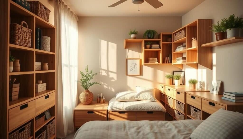A cozy, well-organized bedroom nook showcasing functional storage solutions. Soft, natural lighting filters through airy curtains, casting a warm glow on the meticulously arranged wooden shelves, drawers, and cubbies. Decorative baskets, potted plants, and tasteful knick-knacks add personal touches, creating a serene, inviting atmosphere. The composition emphasizes clean lines, balanced symmetry, and a harmonious color palette of earthy tones. A high-resolution, photorealistic image captured with a wide-angle lens to capture the full scene.
