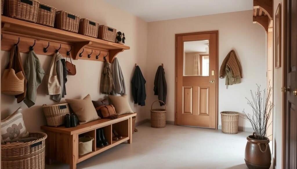 A cozy, well-organized entryway with natural wood accents and a minimalist aesthetic. A rustic wooden bench offers storage and seating, while neatly arranged baskets and hooks line the walls, keeping shoes, coats, and accessories tidy and accessible. Soft, warm lighting casts a inviting glow, complementing the earthy tones and textures. The space feels calming and decluttered, creating a welcoming atmosphere for arriving guests. A large, unframed mirror hangs on the wall, reflecting the clean lines and organic materials. Overall, the scene conveys a sense of simplicity, order, and mindfulness.