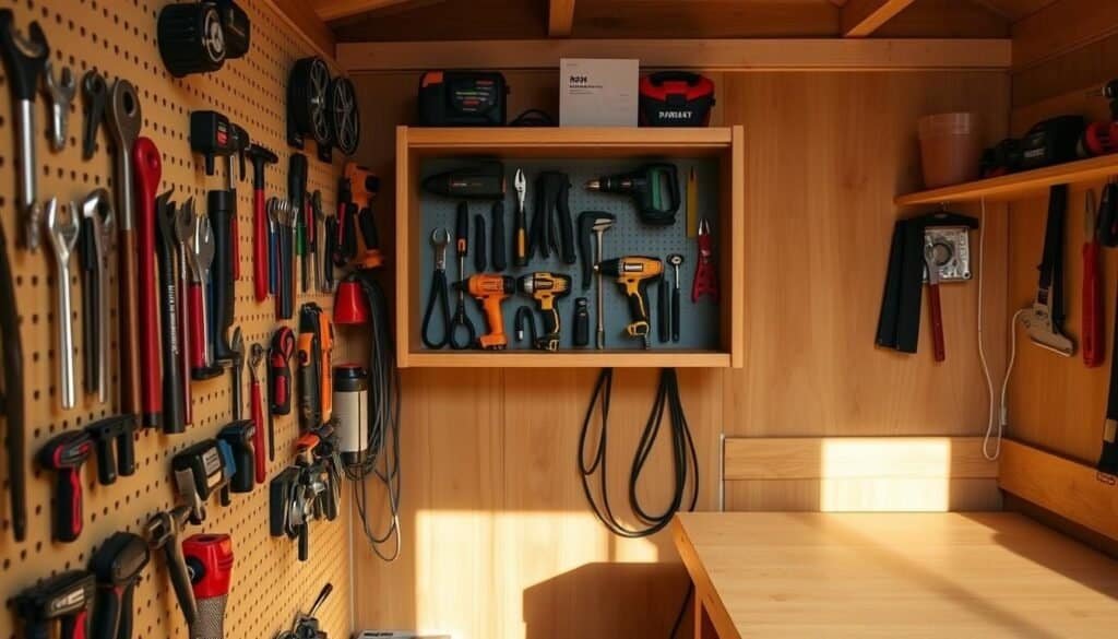 A cozy, well-organized workshop interior with a variety of space-saving tool storage solutions. In the foreground, a pegboard displays an assortment of hand tools, meticulously arranged. In the middle ground, a sliding wall cabinet reveals a selection of power tools, their cords neatly tucked away. The background showcases a fold-down workbench, its surface clear and uncluttered. Warm, directional lighting illuminates the scene, casting soft shadows and highlighting the natural textures of the wood and metal. The overall atmosphere conveys efficiency, practicality, and a sense of thoughtful organization within a compact workspace.