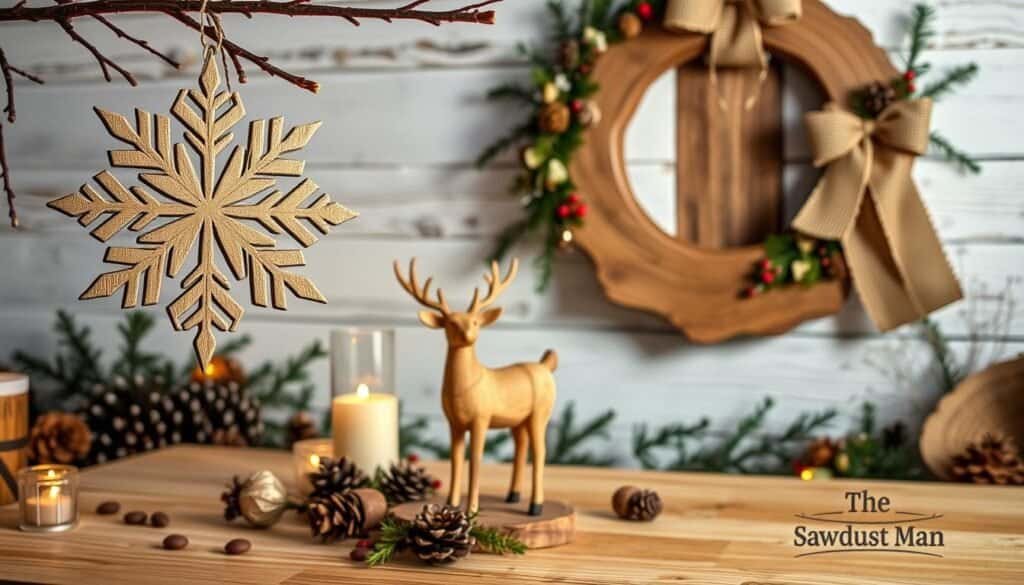 A cozy winter scene showcasing a variety of rustic wood projects from "The Sawdust Man" brand. In the foreground, an intricately carved wooden snowflake ornament hangs from a branch, its details illuminated by warm candlelight. In the middle ground, a handcrafted wooden reindeer figurine stands atop a natural wood table, surrounded by scattered pine cones and holly sprigs. Behind, a large wooden wreath adorned with pinecones, berries, and a burlap bow is mounted on a whitewashed cabin wall, casting a soft glow across the scene. The overall atmosphere is one of charming, homespun holiday cheer, with a focus on natural, sustainable wood crafts.