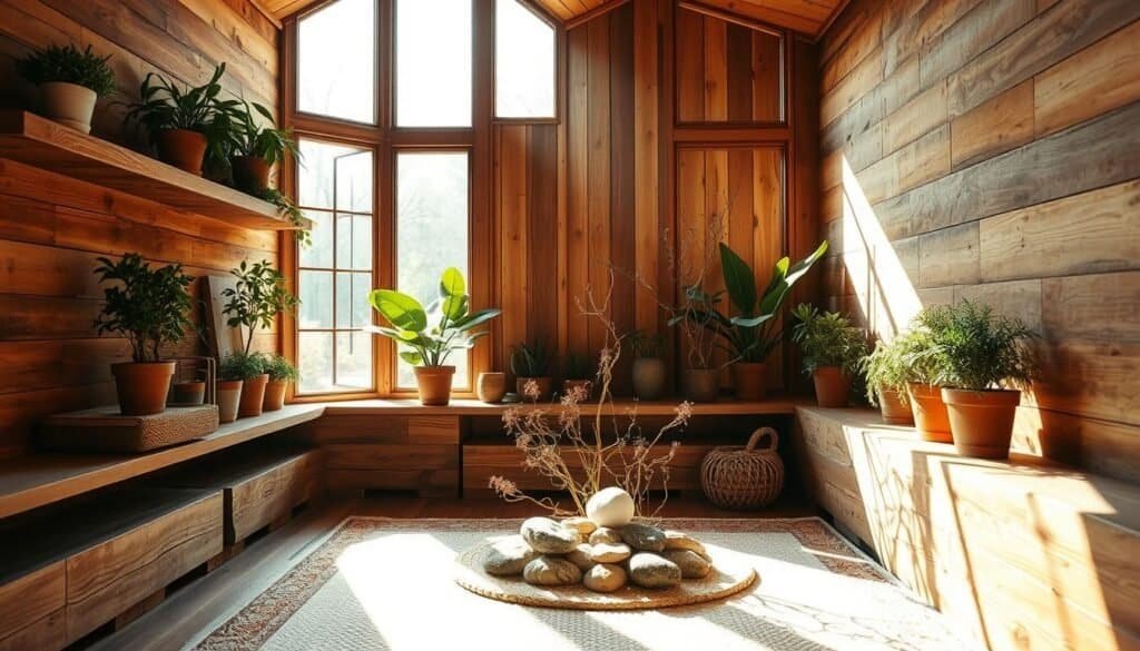 A cozy wood-paneled alcove bathed in warm, natural light. Shelves of reclaimed timber and potted plants line the walls, creating a serene sanctuary. Sunlight filters through large windows, casting a gentle glow on the smooth wood surfaces. A plush rug and comfortable seating invite relaxation, while an artfully arranged display of natural elements like stones, branches, and dried flowers adds earthy, grounding energy. The overall scene evokes a sense of harmony between the rustic materials and the tranquil, rejuvenating essence of nature.
