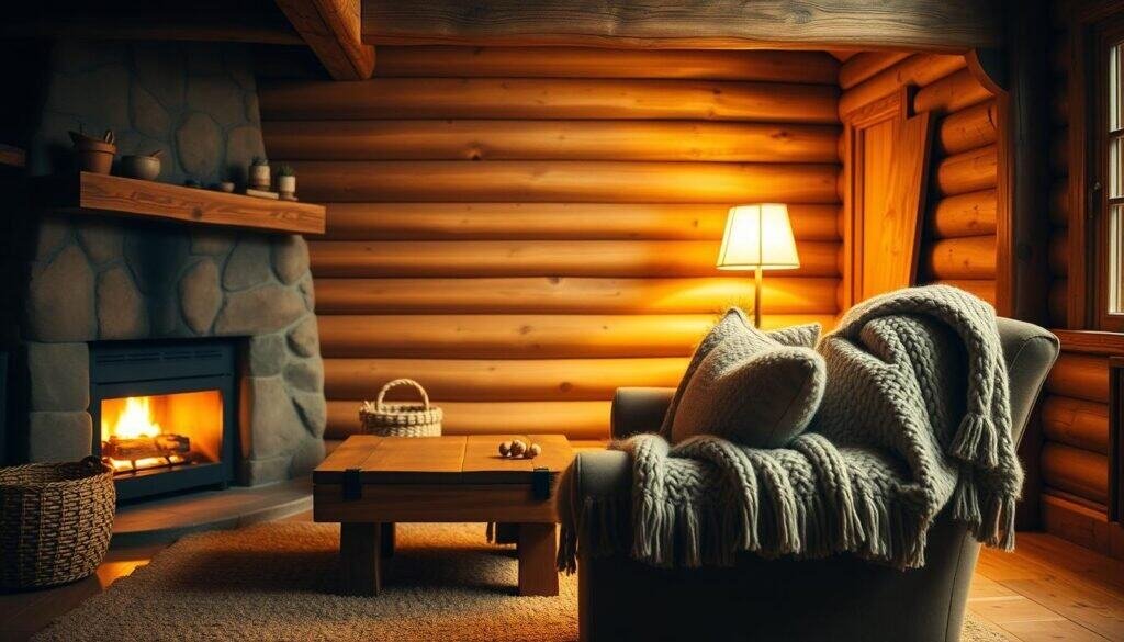 A cozy wood-paneled living room with a warm fireplace flickering in the background. Soft lighting casts a golden glow, illuminating rustic wooden beams, shelves, and a handcrafted coffee table. Plush knitted blankets and pillows adorn a comfortable armchair, inviting you to curl up and relax. The room exudes a sense of hygge, with natural textures and earthy tones creating a serene and welcoming atmosphere.