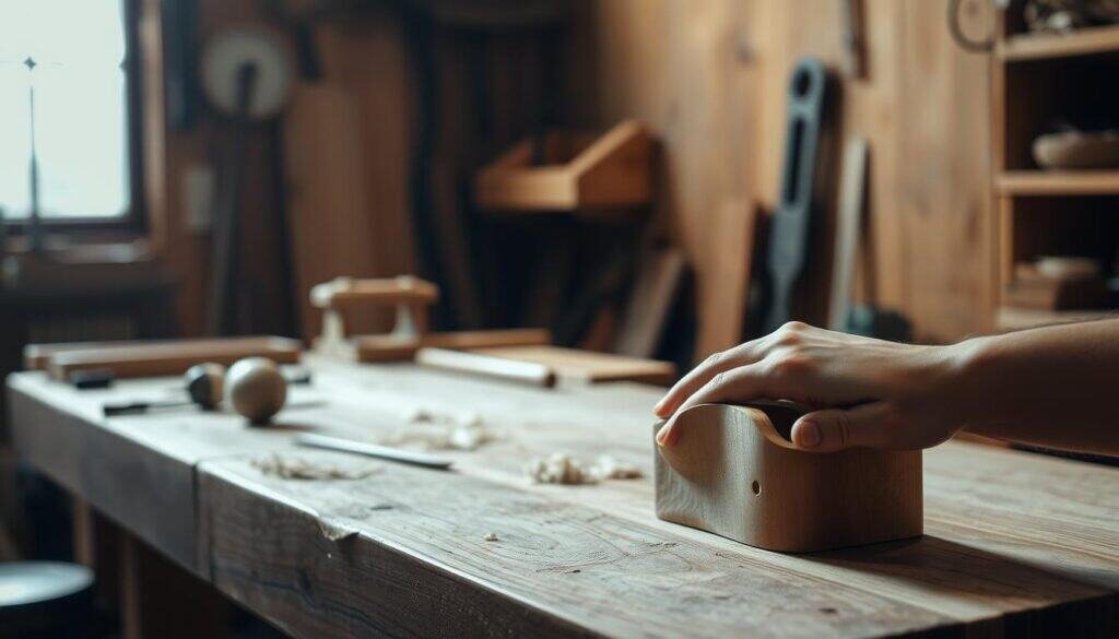 A cozy wood workshop, with a well-worn workbench, tools neatly arranged, and a single beam of warm light spilling across the surface. In the foreground, a skilled hand shapes a smooth, organic form from a block of wood, the rhythmic motions and soft scraping sounds creating a meditative, therapeutic experience. The background is softly blurred, emphasizing the focus and concentration of the woodworker, lost in the flow of their craft. The scene exudes a sense of tranquility, mindfulness, and the restorative power of working with one's hands.