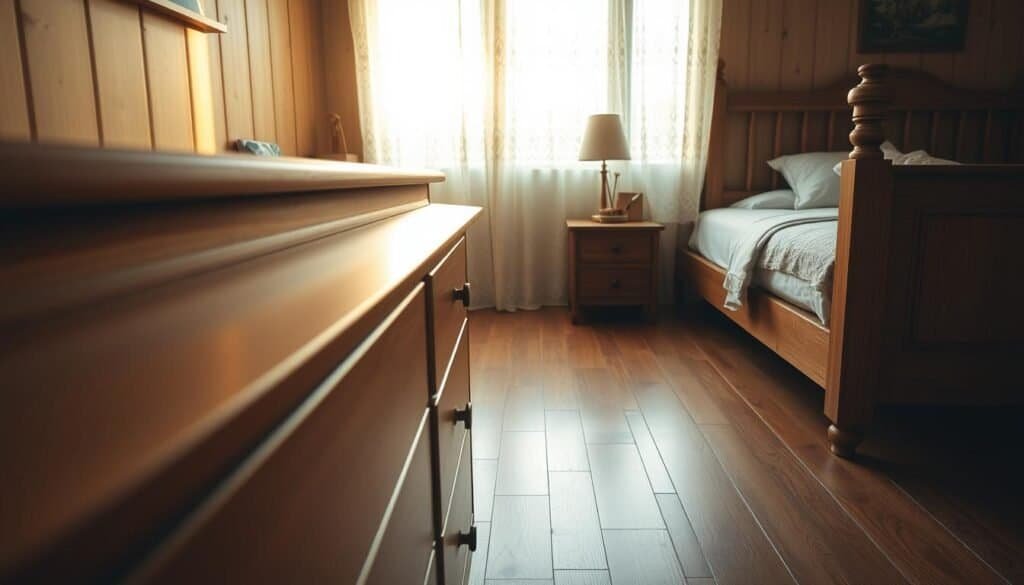 A cozy wooden bedroom at golden hour, warm lighting filtering through delicate lace curtains. A smooth, polished wooden dresser takes center stage, its surface carefully buffed and conditioned. Nearby, a wooden bedframe stands tall, its grain glistening with a protective sealant. On the nightstand, a small, decorative wooden box holds fragrant potpourri. The floorboards are meticulously swept, showcasing the natural beauty of the hardwood. A serene, calming atmosphere pervades the space, inviting relaxation and mindful appreciation of the wooden elements.