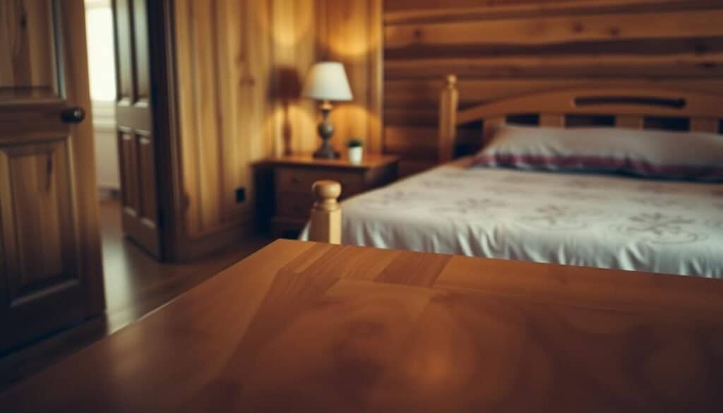 A cozy wooden bedroom with warm, soft lighting. A wooden dresser in the foreground, its surface polished to a smooth sheen. In the middle ground, a wooden nightstand with a simple but elegant lamp, casting a gentle glow. The background reveals wooden floorboards and a wooden bed frame, all meticulously maintained. The scene exudes a sense of tranquility and natural harmony, inviting the viewer to experience the serene ambiance of a well-cared-for wooden bedroom.