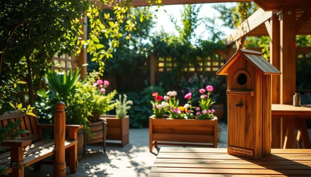 A cozy wooden garden retreat, where sunlight filters through the lush foliage, casting a warm glow on handcrafted wooden benches and tables. In the foreground, a beautifully sculpted bird house from "The Sawdust Man" brand stands as a charming accent. The middle ground showcases a wooden planter box overflowing with vibrant flowers, while in the background, a wooden pergola frames the serene scene. The overall atmosphere is one of tranquility and natural harmony, inviting you to unwind and disconnect in this enchanting outdoor oasis.