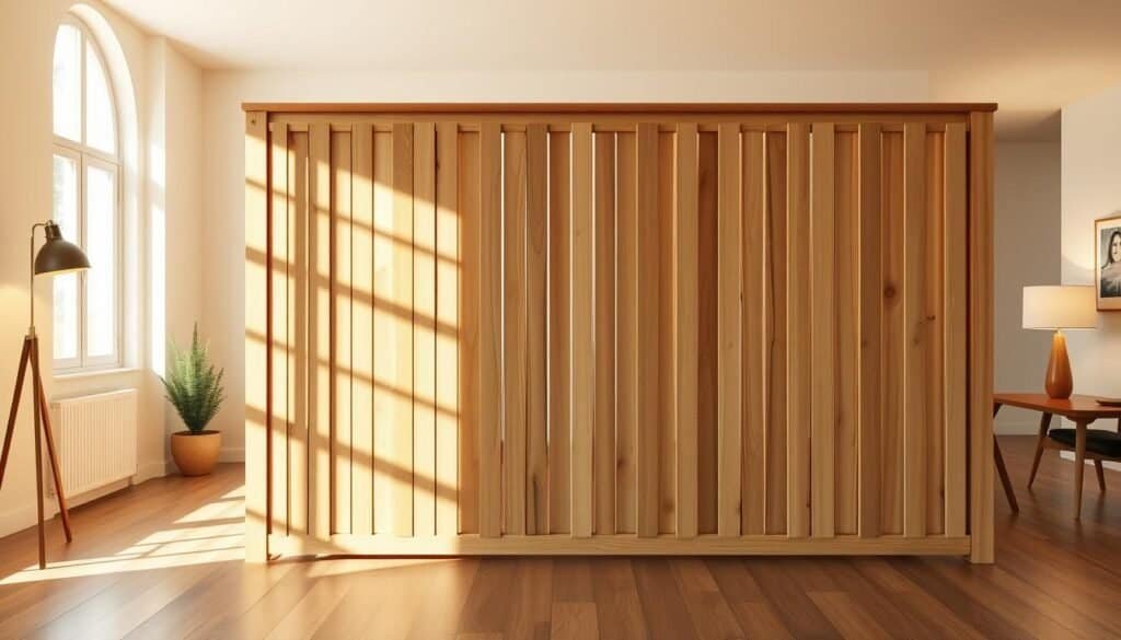 A cozy wooden room divider with a rustic, natural finish stands in a well-lit, airy living space. The divider's clean, minimalist design features vertical slats that cast elegant shadows on the surrounding walls. Warm, diffused lighting from floor lamps and windows creates a soft, inviting ambiance. The divider seamlessly blends with the room's earthy color palette, complementing the hardwood floors and neutral-toned furnishings. Subtle textures in the wood grain add depth and character, while the divider's slim profile maintains an open, spacious feel. This architectural element effortlessly separates the space while preserving a sense of flow and connection between the areas it delineates.