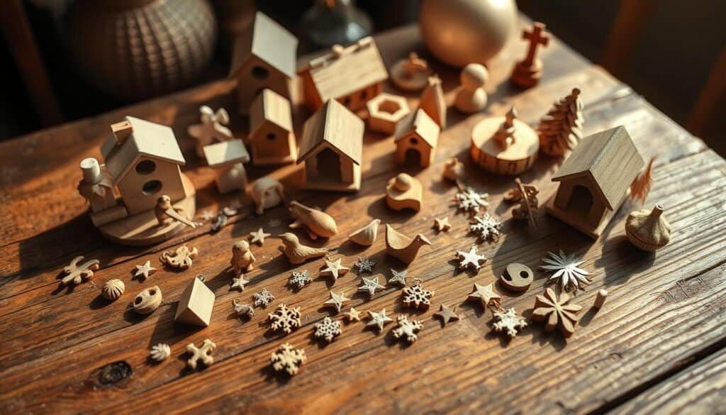 A cozy wooden tabletop filled with a collection of delicate handcrafted decorations. Miniature bird houses, tiny carved animals, and intricate wooden charms rest upon a rustic, weathered surface. Soft, warm lighting casts gentle shadows, highlighting the natural wood grain and intricate details. The scene exudes a sense of tranquility and pride in small-scale artisanal achievements. Photographed at a medium close-up angle with a shallow depth of field to emphasize the diminutive scale of the projects.