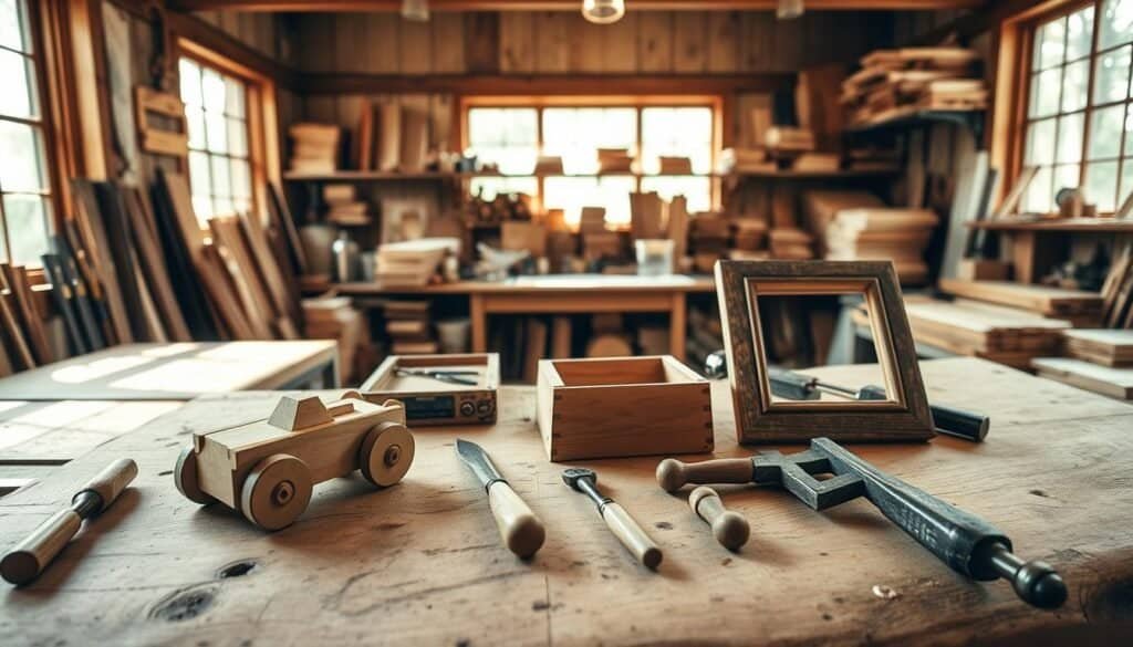 A cozy woodworking workshop, filled with sunlight filtering through large windows, creating a warm and inviting atmosphere. In the foreground, a sturdy wooden workbench is cluttered with simple DIY woodworking projects: a wooden toy car, a small planter box, and a rustic picture frame, all in varied stages of completion. A set of neatly arranged hand tools—chisels, saws, and clamps—add character and detail. In the background, shelves lined with different types of wood planks and finished projects create a sense of creativity. Soft, natural lighting highlights the warm tones of the wood, evoking a peaceful and meditative mood, perfect for a relaxing DIY experience. A wide-angle perspective captures the entire scene, emphasizing the craftsmanship and comfort of woodworking.