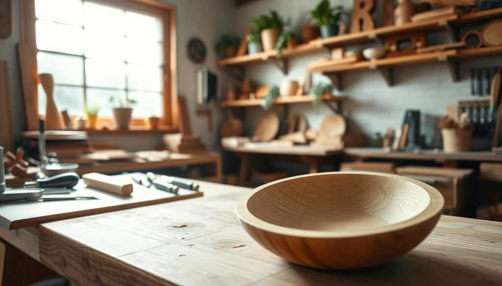 A cozy woodworking workshop interior, filled with light streaming through a large window, illuminating a workbench cluttered with hand tools and fresh timber. In the foreground, a close-up of a handcrafted wooden piece, such as a simple, elegant bowl or a small shelf, showcasing the fine grain and smooth finish. In the middle ground, a few woodworking tools like chisels and clamps arranged neatly, suggesting ongoing projects. The background features shelves adorned with finished wooden items, plants, and soft lighting that creates a calm, inviting atmosphere. The overall mood is peaceful and inspiring, capturing the essence of creativity and mental well-being through woodworking.
