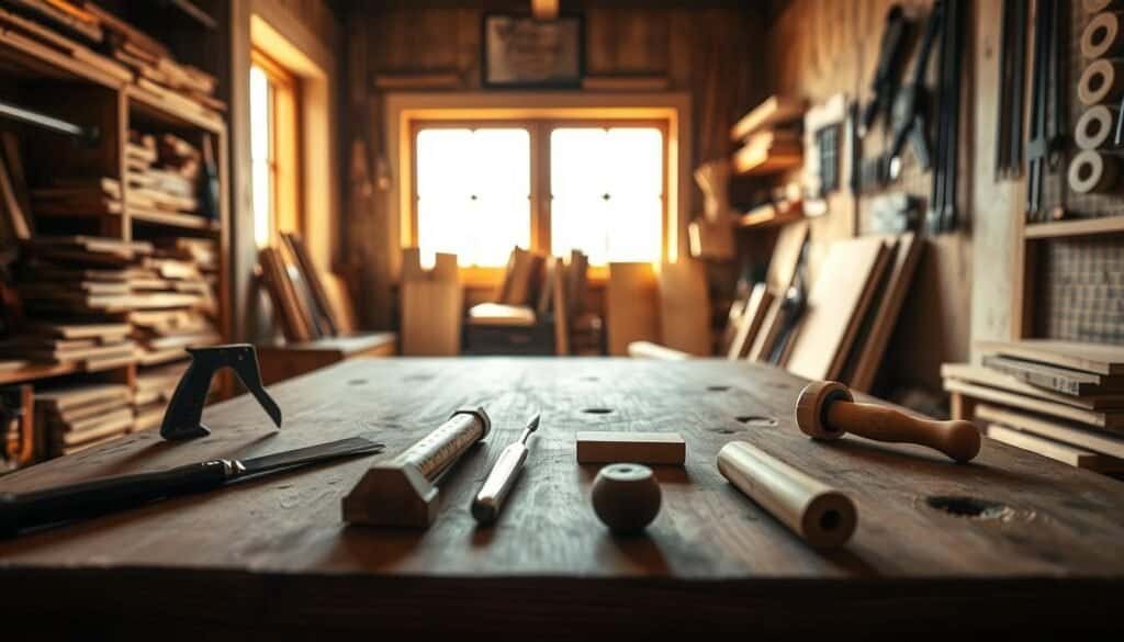 A cozy woodworking workshop scene, featuring a well-organized wooden workbench in the foreground. Display essential woodworking tools like a hand saw, chisels, a tape measure, and a wooden mallet, all carefully arranged with a few small, unfinished wood pieces. In the middle ground, a window allows soft, diffused sunlight to illuminate the scene, creating a warm and inviting atmosphere, with hints of dust particles caught in the light. In the background, shelves filled with neatly organized tools and planks of various woods contribute to the rustic feel. The angle is slightly overhead, capturing the essence of a craftsman’s space, showcasing the tranquility and focus of working with wood. The colors are natural and earthy, enhancing the peaceful mood.