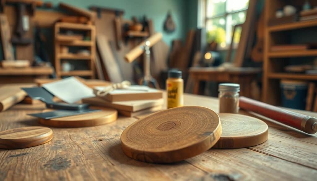 A cozy woodworking workshop scene with a focus on a beautiful set of handmade wooden coasters. In the foreground, a close-up of the coasters, featuring natural wood grain and smooth edges, rests on a rustic table. Tools like a small saw, sanding paper, and wood finish are organized neatly beside them. In the middle ground, a lighthearted atmosphere is created with warm, natural lighting, enhancing the rich tones of the wood. The background reveals shelves filled with other woodworking projects and a window with soft sunlight filtering through, casting gentle shadows. The overall mood is inviting and productive, evoking a sense of accomplishment and joy in simple craftsmanship.